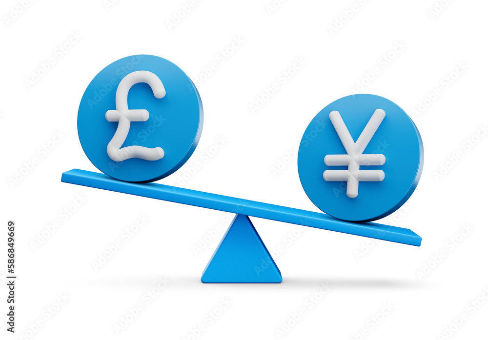 3d White Pound And Yen Symbol On Rounded Blue Icons With 3d Balance Weight Seesaw, 3d illustration 3d White Pound And Yen Symbol On Rounded Blue Icons With 3d Balance Weight Seesaw, 3d illustration