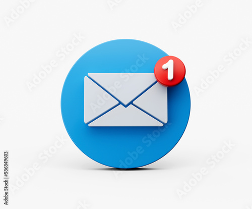 White envelope and the letter 1 on Red circle. Mail icon on a white background. 3d illustration