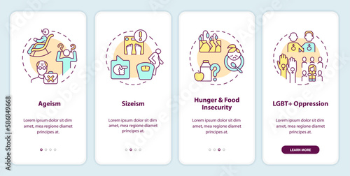 Social injustice examples onboarding mobile app screen. Walkthrough 4 steps editable graphic instructions with linear concepts. UI, UX, GUI template. Myriad Pro-Bold, Regular fonts used © bsd studio
