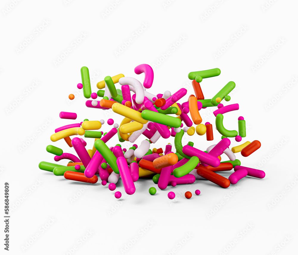 Fototapeta premium 3d Colorful Sugar Sprinkles, Decoration For Cake And Bakery On White Background, 3d illustration