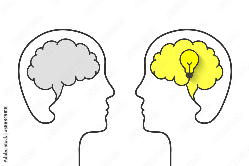 Head, brain and light bulb as idea concept. Profile and face outline, grey mind silhouette, yellow lightbulb symbol. 