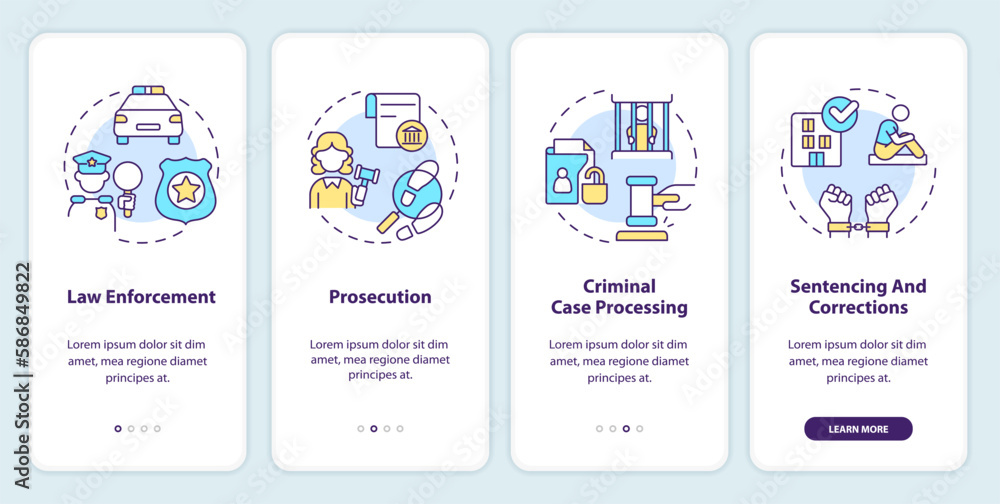 Justice system onboarding mobile app screen. Public safety. Walkthrough 4 steps editable graphic instructions with linear concepts. UI, UX, GUI template. Myriad Pro-Bold, Regular fonts used