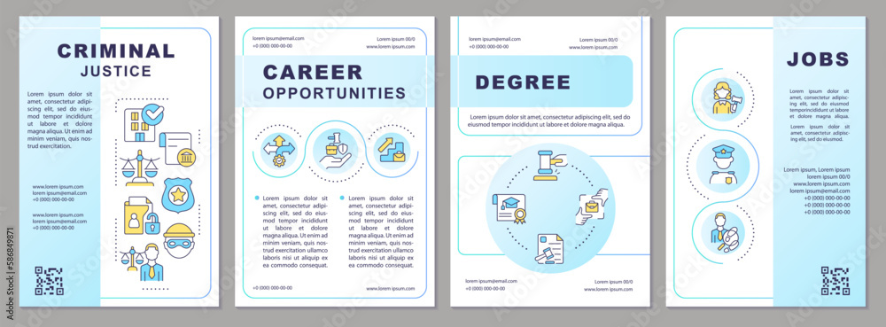 Criminal justice light blue brochure template. Career. Leaflet design with linear icons. Editable 4 vector layouts for presentation, annual reports. Arial-Black, Myriad Pro-Regular fonts used
