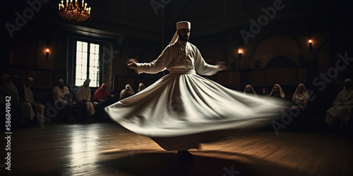 whirling dervish performing, wide angle Generative AI