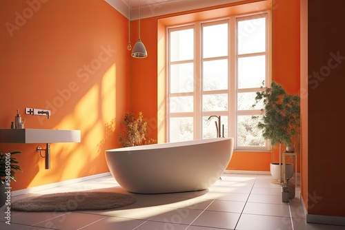 modern bathroom with vibrant orange walls and a sleek white bathtub. Generative AI