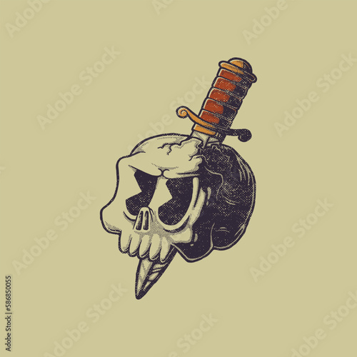 illustration of knife stabbed a skull head with retro style