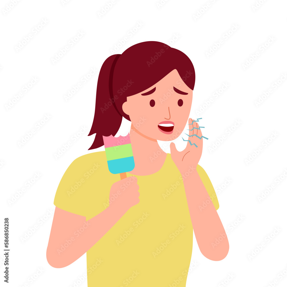 Woman with sensitive teeth and hand holding ice cream in flat design. Dental problem concept vector illustration. Woman with sensitive teeth and hand holding ice cream in flat design. Dental problem concept vector illustration.