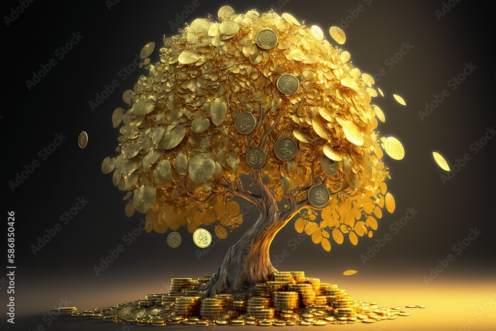golden gold coin tree has coins as leaves that fall on ground, idea for limitless income, wealth and prosperity, rich and successful business growth, Generative Ai - obrazy, fototapety, plakaty 