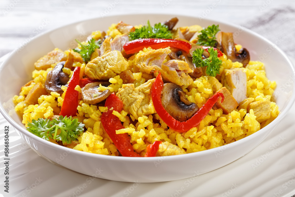 Chicken Paella with mushrooms, red pepper, spices Chicken Paella with mushrooms, red pepper, spices
