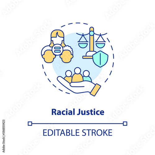 Racial justice concept icon. Discrimination prevention. Social justice example abstract idea thin line illustration. Isolated outline drawing. Editable stroke. Arial, Myriad Pro-Bold fonts used