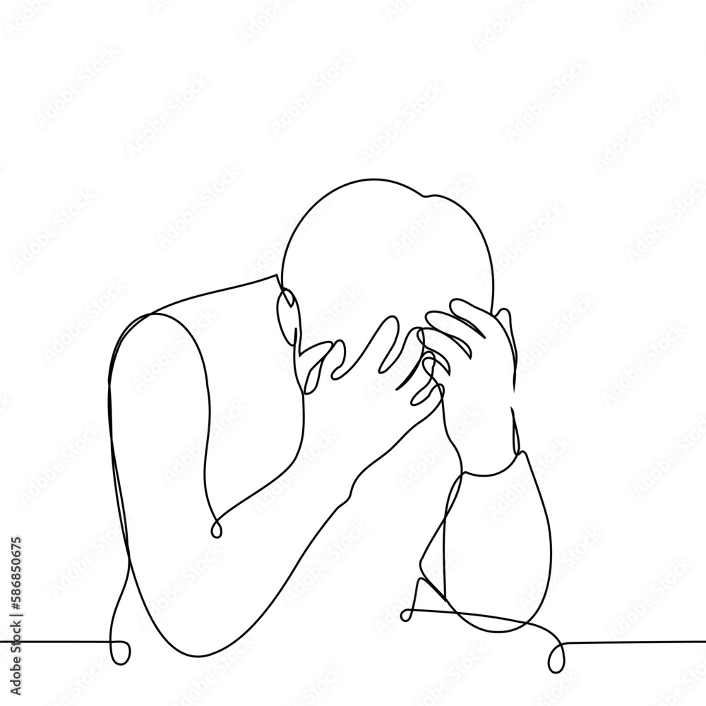 man sitting with his head down and covering his face with his hands - one line drawing vector. concept of shame, defeat, grief, crisis, despair