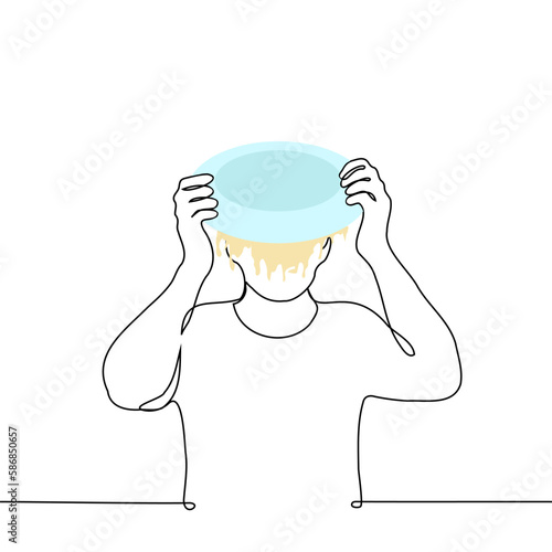man flipped over a big plate of pasta on his head - one line drawing vector. the concept of going crazy, very tasteless bad food, self-destructiveness, shame or cringe