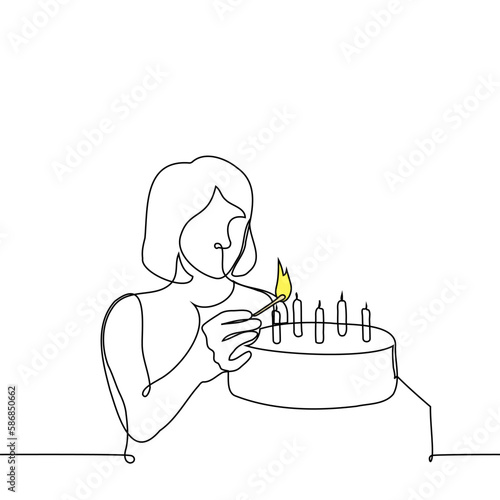 woman lighting candles on a cake - one line drawing vector. the concept of preparing a cake for the holiday, celebrating a birthday alone without friends