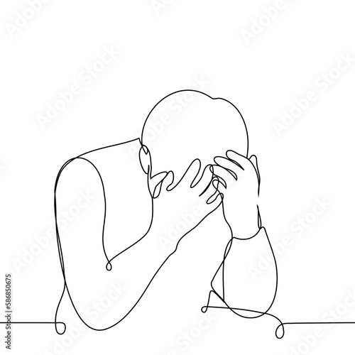 man sitting with his head down and covering his face with his hands - one line drawing vector. concept of shame, defeat, grief, crisis, despair