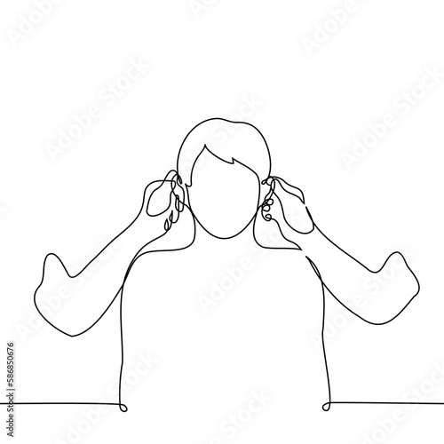 young man being dragged by the ears from both sides - one line drawing vector. concept pulling the ears, bullying, birthday congratulations