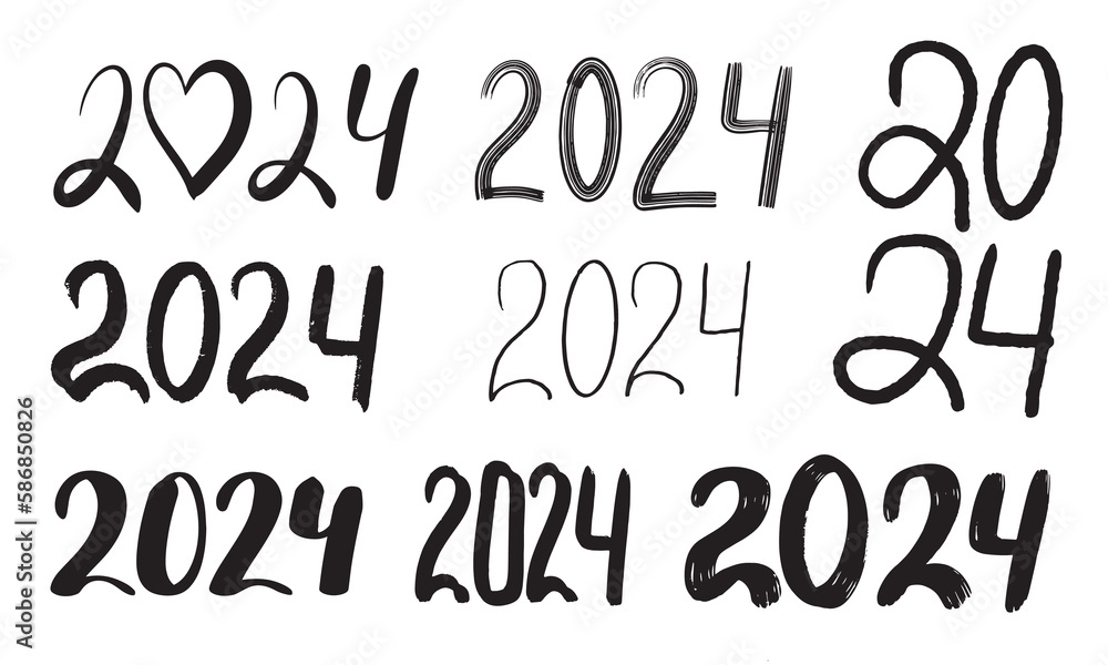 Big Set of 2024 logo text design. 2024 number hand drawn symbol