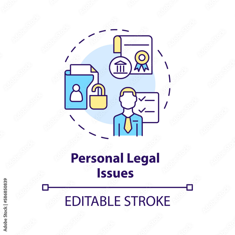 Personal legal issues concept icon. Attorney service. Law and legal issue abstract idea thin line illustration. Isolated outline drawing. Editable stroke. Arial, Myriad Pro-Bold fonts used
