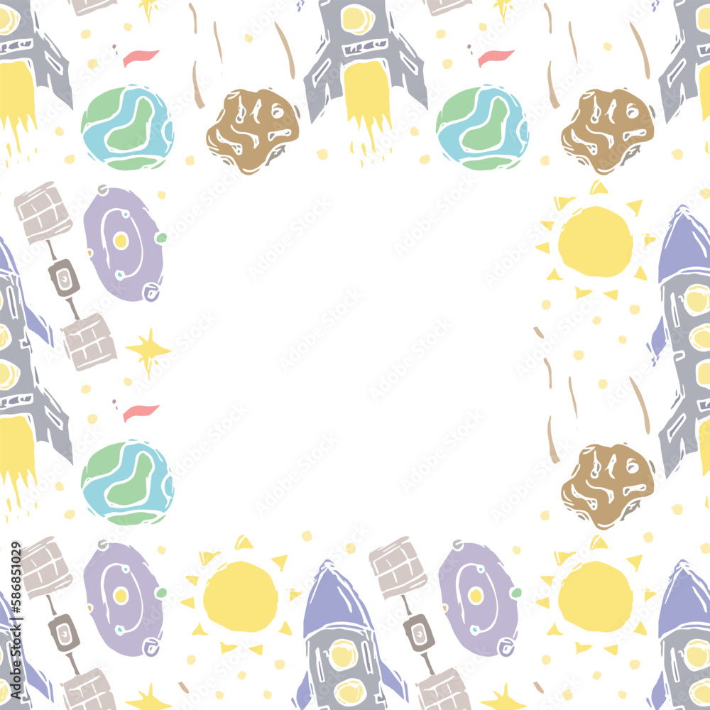 Seamless space frame. Cosmos background. Doodle vector space illustration