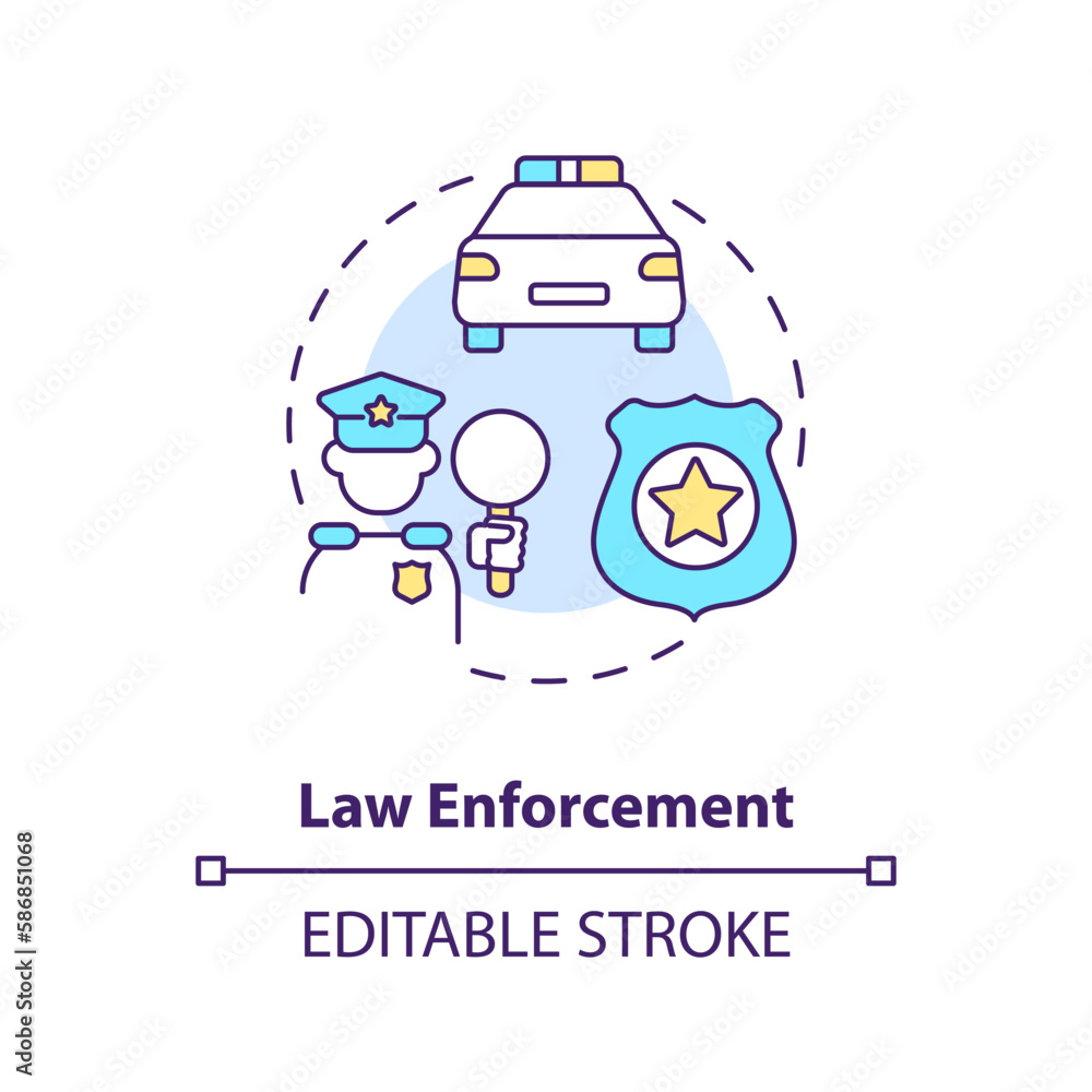 Law enforcement concept icon. Public safety. Police service. Justice system abstract idea thin line illustration. Isolated outline drawing. Editable stroke. Arial, Myriad Pro-Bold fonts used Law enforcement concept icon. Public safety. Police service. Justice system abstract idea thin line illustration. Isolated outline drawing. Editable stroke. Arial, Myriad Pro-Bold fonts used