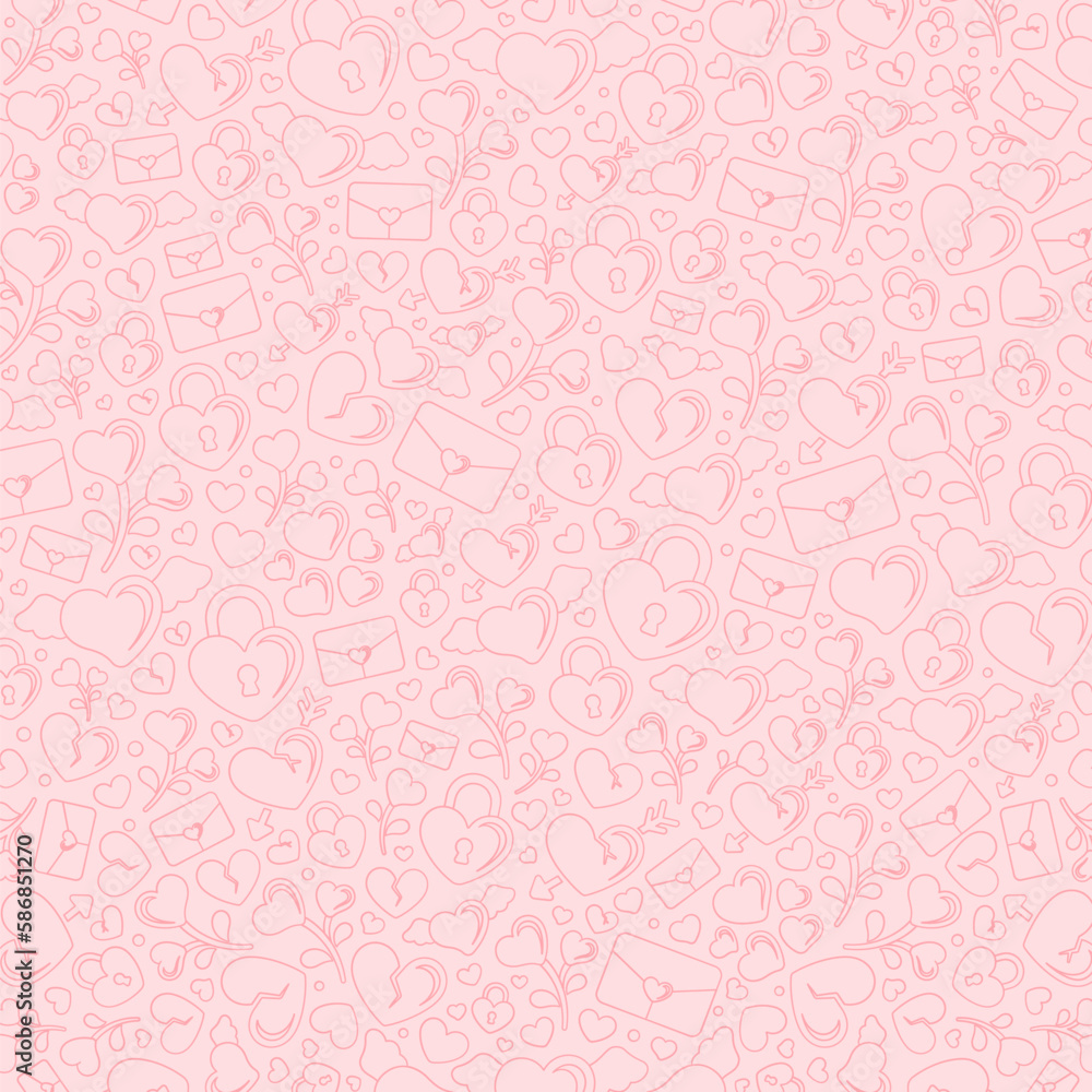 Valentines seamless pattern doodle background. Flat modern icons collage. Romance love themed label, tag, card, print, pattern, texture, etc.