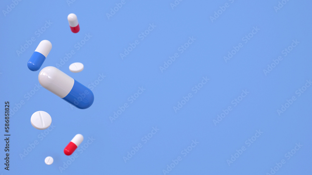 Medicine capsules on a blue background. 3d rendering. Medicine capsules on a blue background. 3d rendering.