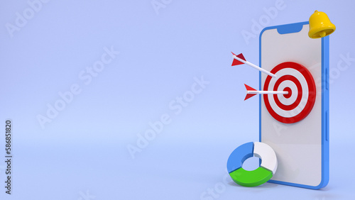 Digital social marketing on a mobile phone. A mobile phone with a target, a funnel with statistics in the form of a circle, bell. Social network promotion. 3D rendering illustration.