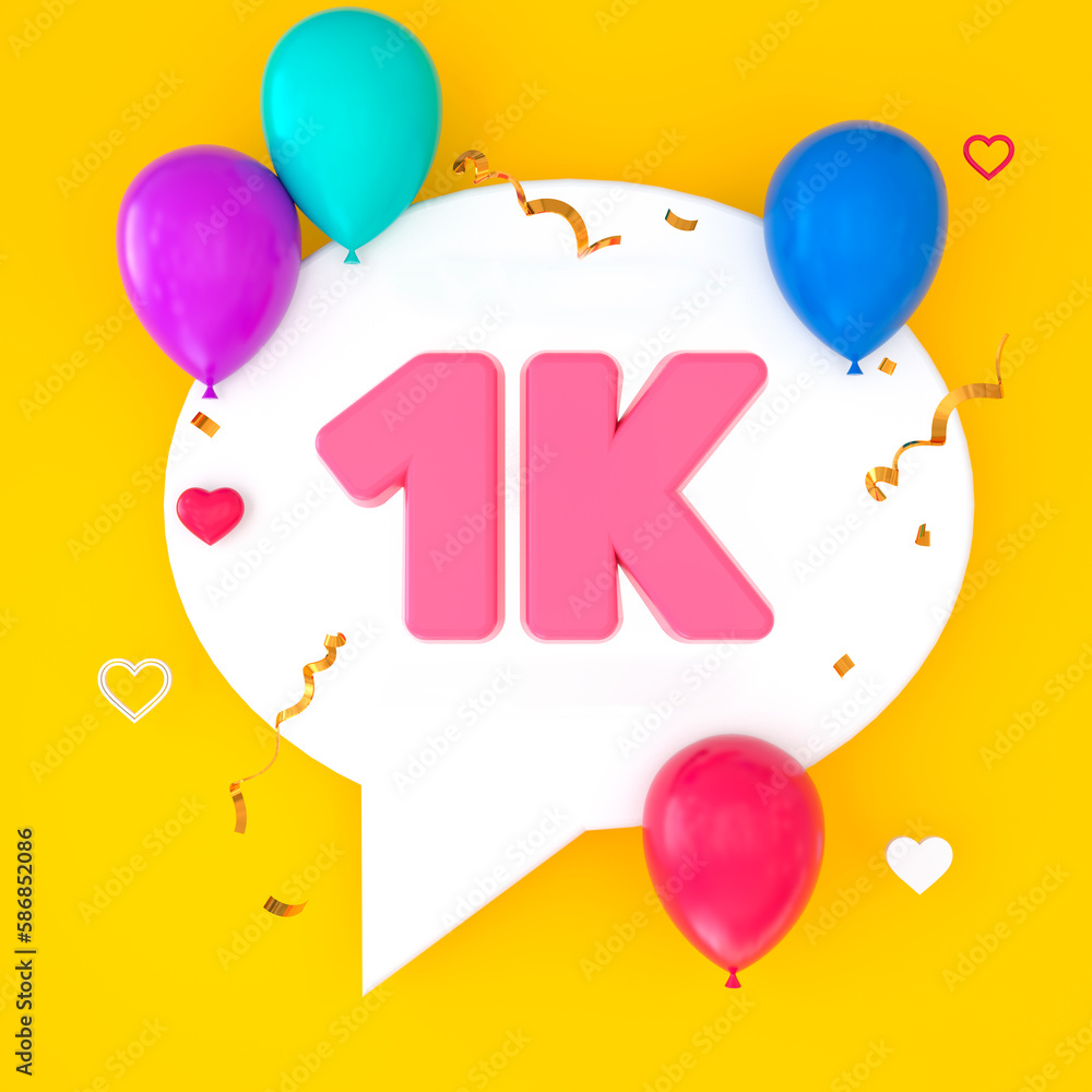 A white speech bubble with 1k is depicted on a yellow background, representing 1,000 subscribers. The illustration includes colorful balloons, small hearts, golden confetti, and streamers. 3D Render. A white speech bubble with 1k is depicted on a yellow background, representing 1,000 subscribers. The illustration includes colorful balloons, small hearts, golden confetti, and streamers. 3D Render.