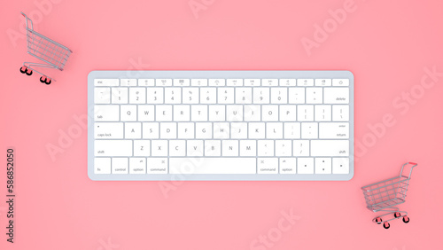 Keyboard and 2 small shopping trolley on pink background, top view. Online shopping, e-commerce concept. 3d render.