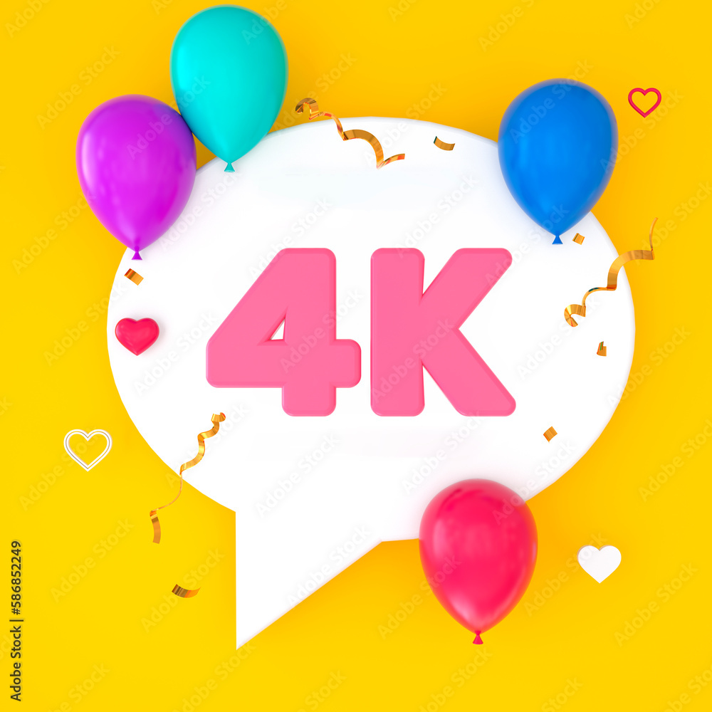 A white speech bubble with 4k is depicted on a yellow background, representing 4,000 subscribers. The illustration includes colorful balloons, small hearts, golden confetti, and streamers. 3D Render. A white speech bubble with 4k is depicted on a yellow background, representing 4,000 subscribers. The illustration includes colorful balloons, small hearts, golden confetti, and streamers. 3D Render.