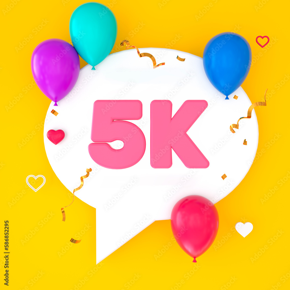 A white speech bubble with 5k is depicted on a yellow background, representing 5,000 subscribers. The illustration includes colorful balloons, small hearts, golden confetti, and streamers. 3D Render. A white speech bubble with 5k is depicted on a yellow background, representing 5,000 subscribers. The illustration includes colorful balloons, small hearts, golden confetti, and streamers. 3D Render.