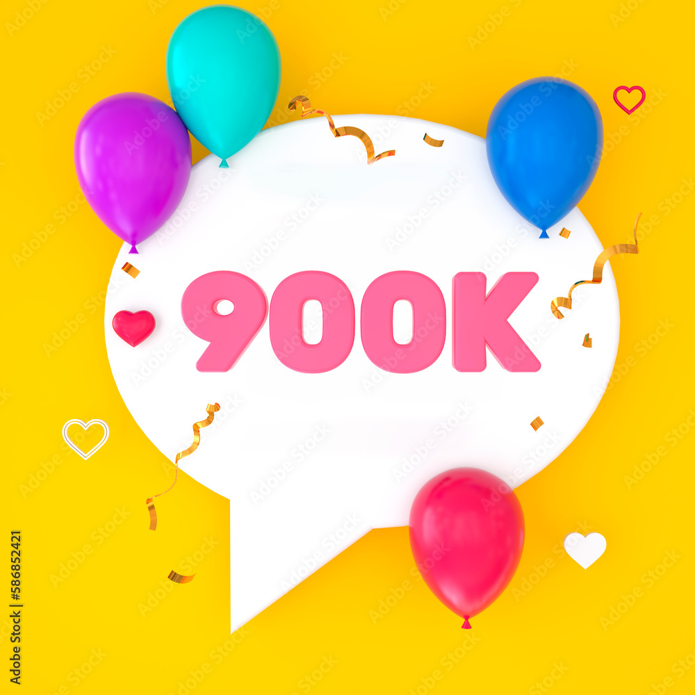 A white speech bubble with 900k is depicted on a yellow background, representing 900k subscribers. The illustration includes colorful balloons, small hearts, golden confetti, and streamers. 3D Render. A white speech bubble with 900k is depicted on a yellow background, representing 900k subscribers. The illustration includes colorful balloons, small hearts, golden confetti, and streamers. 3D Render.