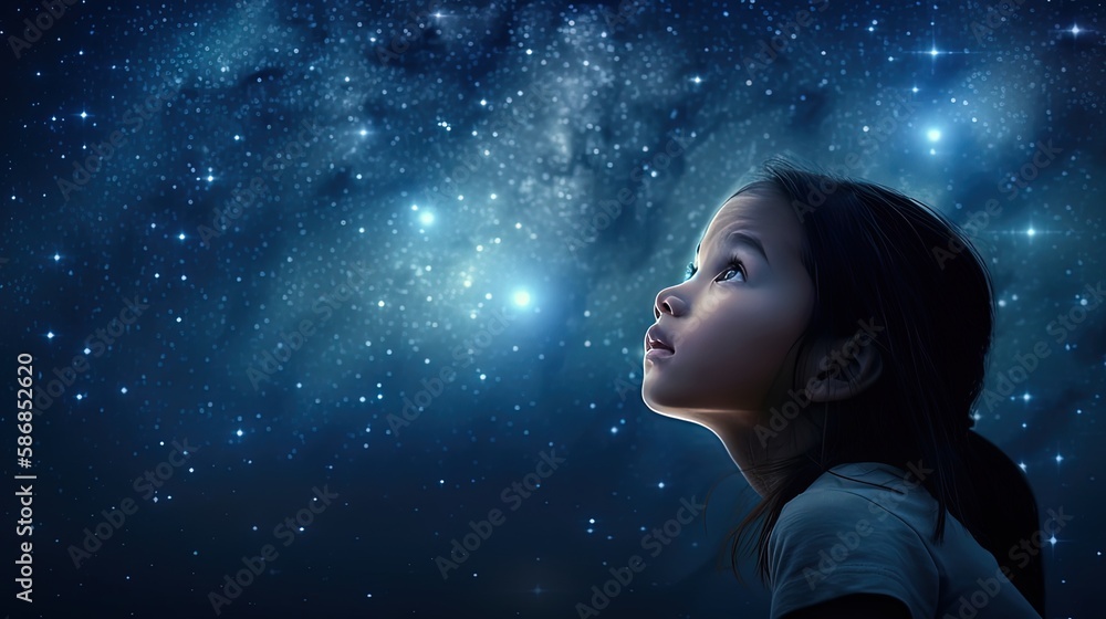 a kid looking up in the starfield sky with hope and dream , imagination future of youth, Generative Ai a kid looking up in the starfield sky with hope and dream , imagination future of youth, Generative Ai