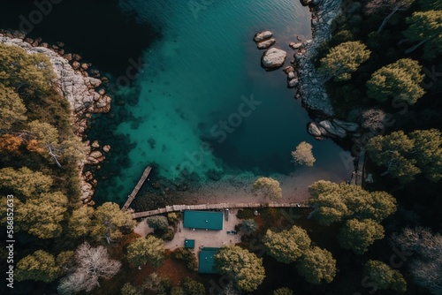 Portinho da arrabida, a little bay surrounded by trees, seen from above. Generative AI photo