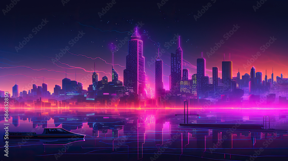 Futuristic city at night with neon lights. Generative AI