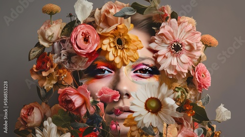 close up pretty woman face wearing fantasy make up with flower cover on face, Generative Ai