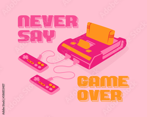 Retro video game console. Old school gaming. Game pad. Joystick. Vintage hipster technology. Two joys and buttons. Y2k Fashion pink vector illustration on t-shirt in 80's, 90's style.