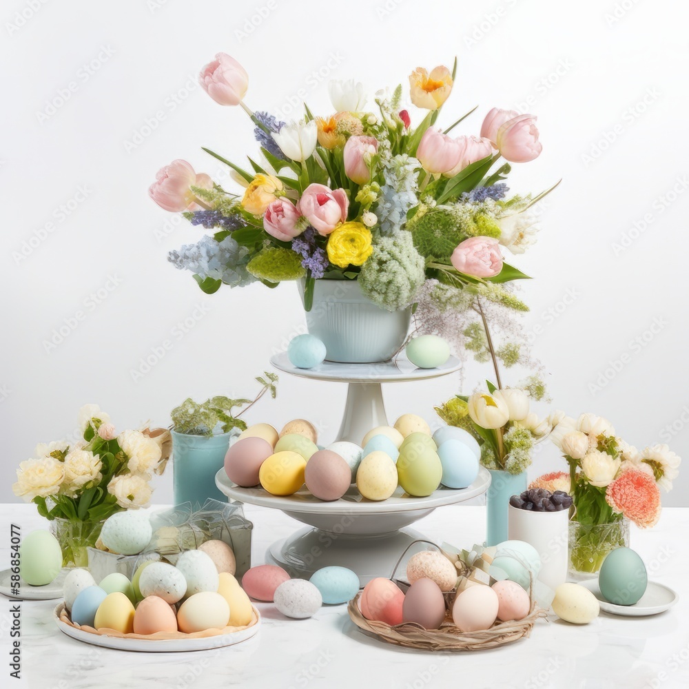 Obraz premium A heartwarming, rustic Easter background with vibrant tulips, quail eggs, and decorations, perfect for greeting cards, invitations, or holiday decor celebrating spring