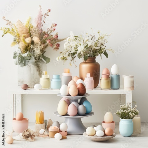 A heartwarming  rustic Easter background with vibrant tulips  quail eggs  and decorations  perfect for greeting cards  invitations  or holiday decor celebrating spring
