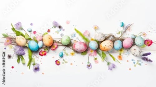 Easter composition of Easter quail eggs, flowers, paper blank over white background. Spring holidays concept with copy space. Overhead shot
