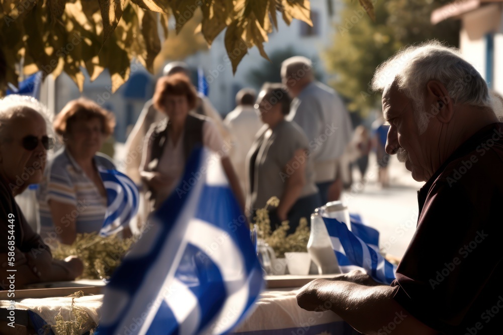 Citizens participating in the Greek electoral process, casting their votes at a polling station with ballot boxes, flags, and posters. generative ai