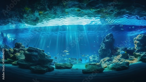 underwater aquarium world with sunlight shine through water surface, Generative Ai
