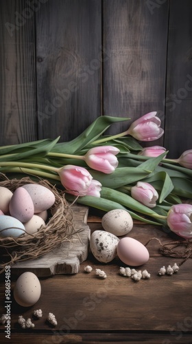 A heartwarming, rustic Easter background with vibrant tulips, quail eggs, and decorations, perfect for greeting cards, invitations, or holiday decor celebrating spring