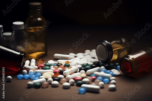 Drugs and pills on the dark table. Drugs illegal. Drug addiction concept. Drug abuse. Generative AI