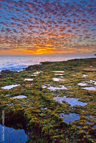 Colorful Sunset with Stunning Cloud Array over Ka'ena Point. Shot from tide pools in Makaha, Oahu.  photo