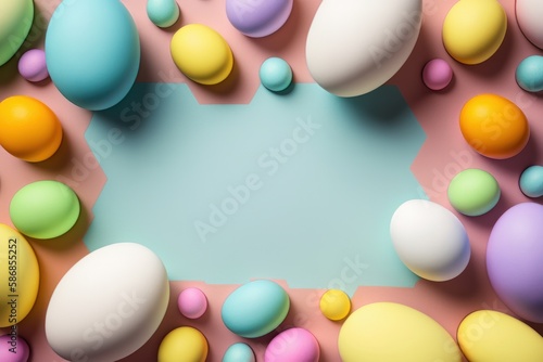 Banner of Easter quail eggs, and flowers over blue background. Spring holidays concept with copy space. Top view