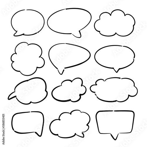 Speech symbol talk and thinking. Bubble with clouds thin line set.
