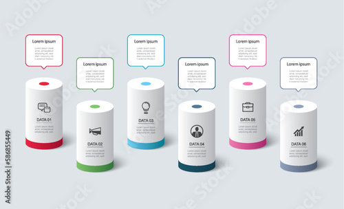 Infographics cylinder timeline with 6 number data template. Vector illustration abstract background.