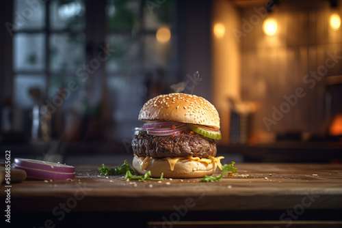 Close up the photo of a hamburger with a cutlet grilled on a wooden surface in the kitchen generative AI