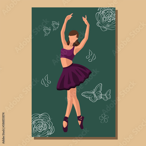 Caucasian white faceless ballet dancer in a purple tutu and pointe shoes dancing on a green poster with flowers and butterflies. Vector illustration in flat style
