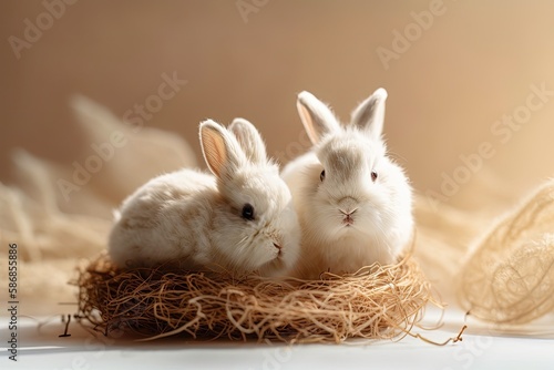 Two Adorable White Bunnies Sitting in a Cozy Nes. Generative AI © AkuAku